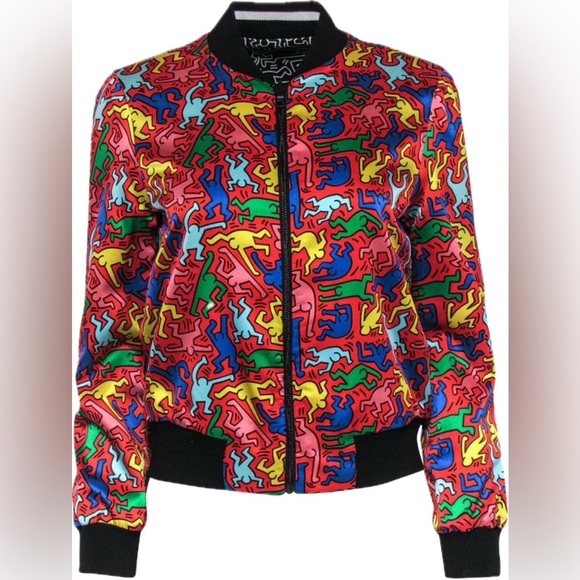 NWT Alice+Olivia x Keith Haring-Multicolor Reversible SILK Bomber Jacket Size: M - Picture 7 of 8